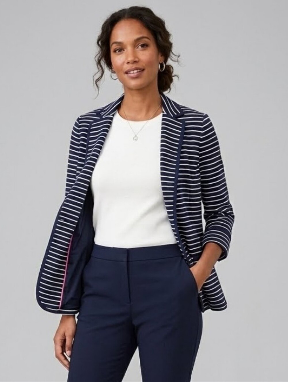 Talbots navy stripes open front blazer size S